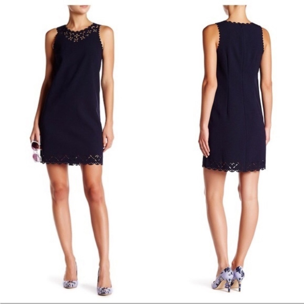 J. Crew Women’s Navy Laser-Cut Floral Scalloped Sheath Office Old Money Dress - Picture 2 of 10